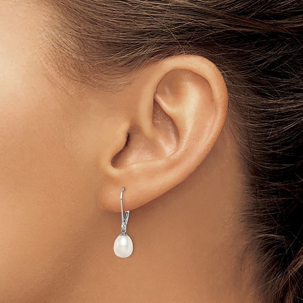 Sterling Silver 7-8mm White Teardrop Pearl Leverback Dangle Earrings, view 3 of 4