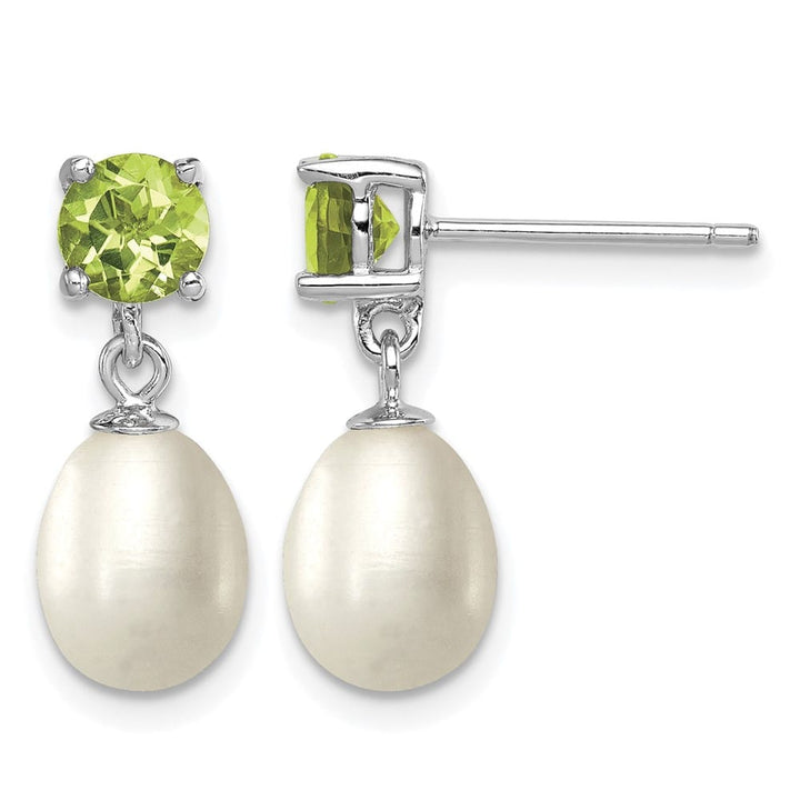 Sterling Silver 7-8mm White Teardrop Pearl Peridot Dangle Earrings, view 1 of 4