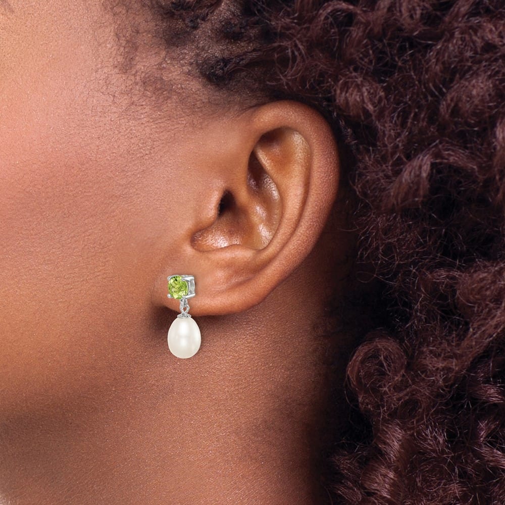 Sterling Silver 7-8mm White Teardrop Pearl Peridot Dangle Earrings, view 3 of 4
