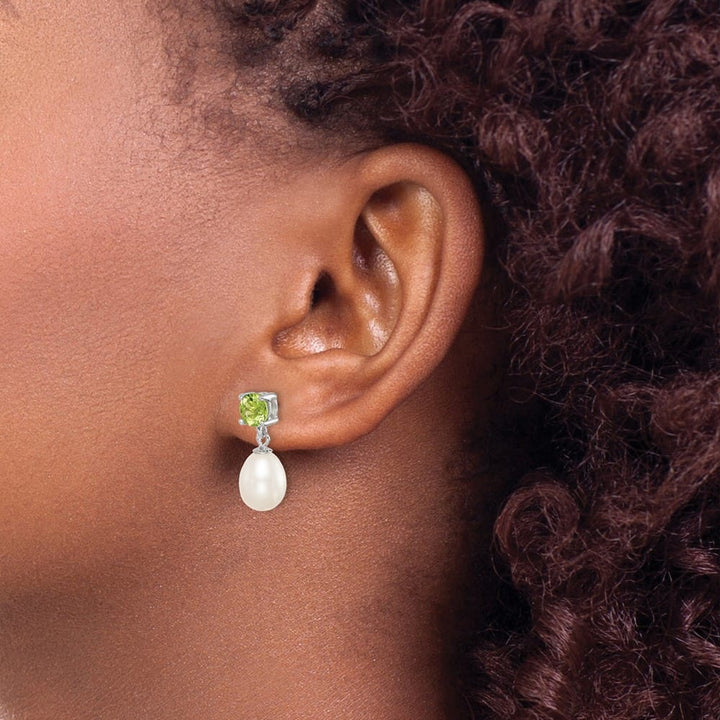 Sterling Silver 7-8mm White Teardrop Pearl Peridot Dangle Earrings, view 3 of 4