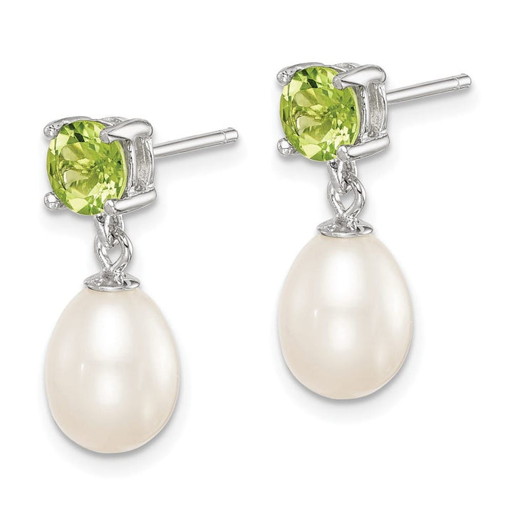Sterling Silver 7-8mm White Teardrop Pearl Peridot Dangle Earrings, view 2 of 4