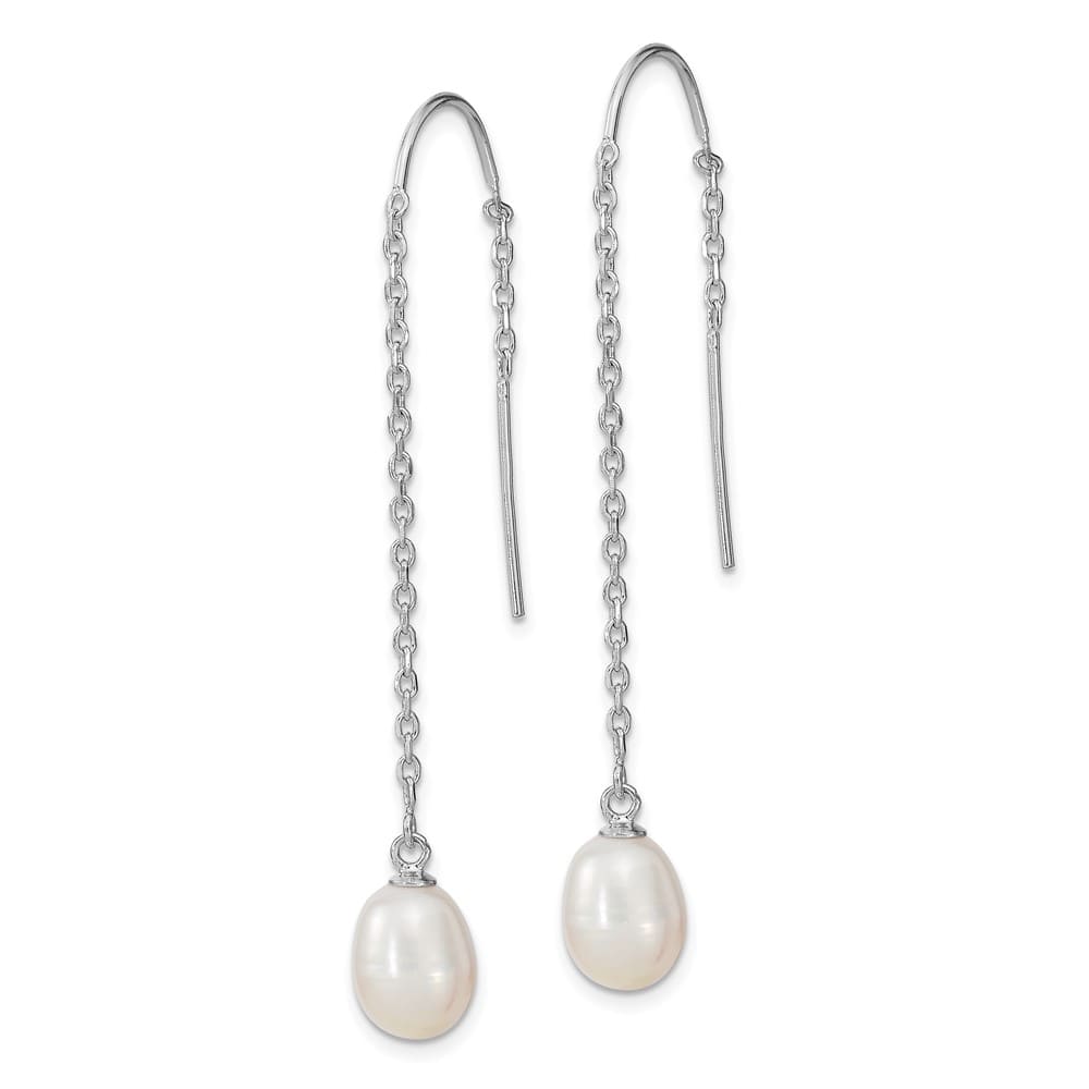 Sterling Silver 7-8mm White Teardrop Pearl Threader Earrings, view 2 of 4