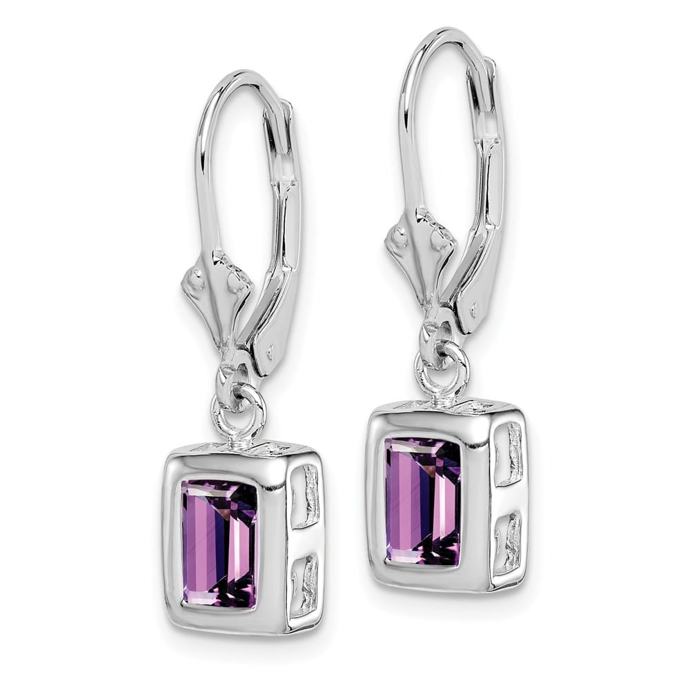 Sterling Silver 7x5 Emerald Cut Leverback Earrings, view 2 of 20
