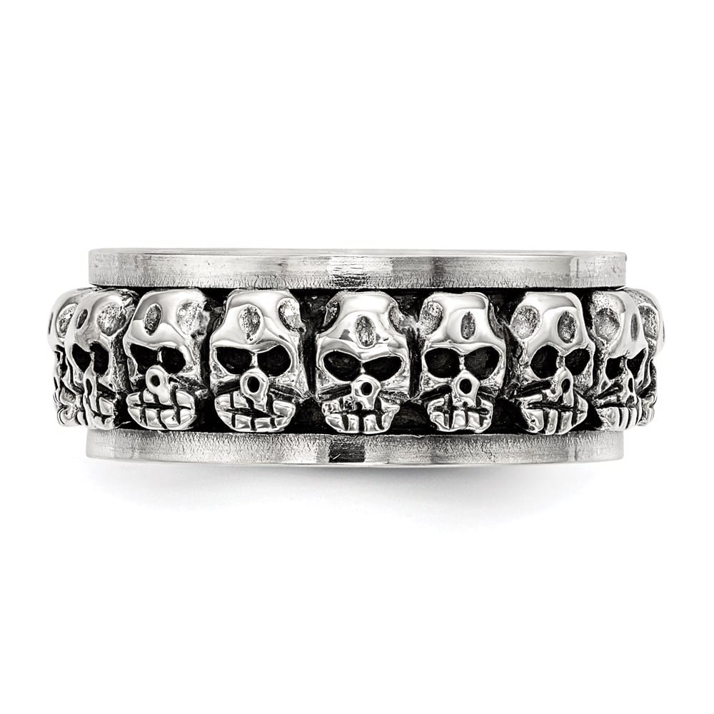 Sterling Silver 8.7 mm Spinning Center Antiqued Skull Men's Ring
