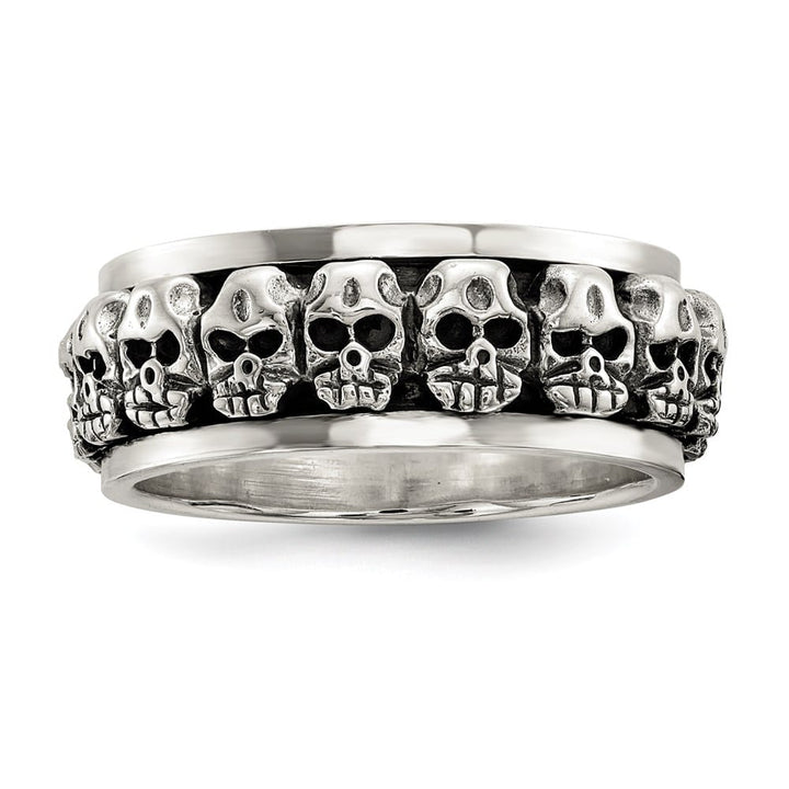 Sterling Silver 8.7 mm Spinning Center Antiqued Skull Men's Ring