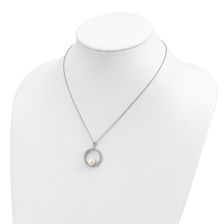 Sterling Silver 8-9mm Cultured Pearl and CZ 22x22 mm 17 inch Necklace