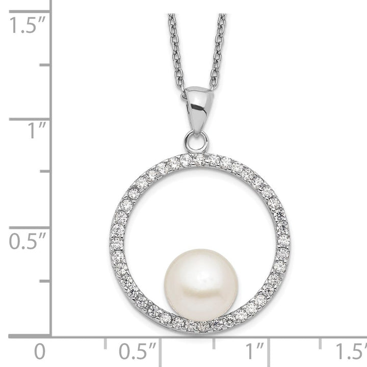 Sterling Silver 8-9mm Cultured Pearl and CZ 22x22 mm 17 inch Necklace