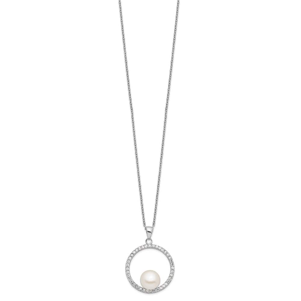 Sterling Silver 8-9mm Cultured Pearl and CZ 22x22 mm 17 inch Necklace