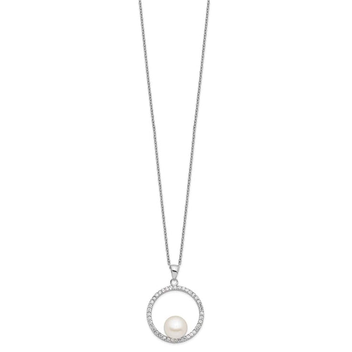 Sterling Silver 8-9mm Cultured Pearl and CZ 22x22 mm 17 inch Necklace