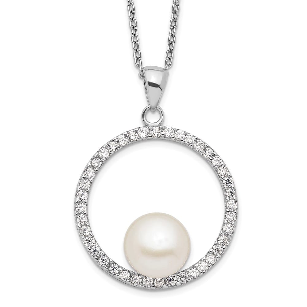 Sterling Silver 8-9mm Cultured Pearl and CZ 22x22 mm 17 inch Necklace