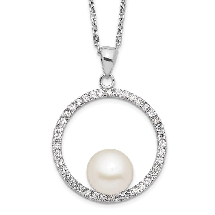 Sterling Silver 8-9mm Cultured Pearl and CZ 22x22 mm 17 inch Necklace