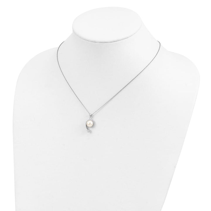 Sterling Silver 8-9mm Cultured Pearl and CZ 8-9mm 17 inch Necklace