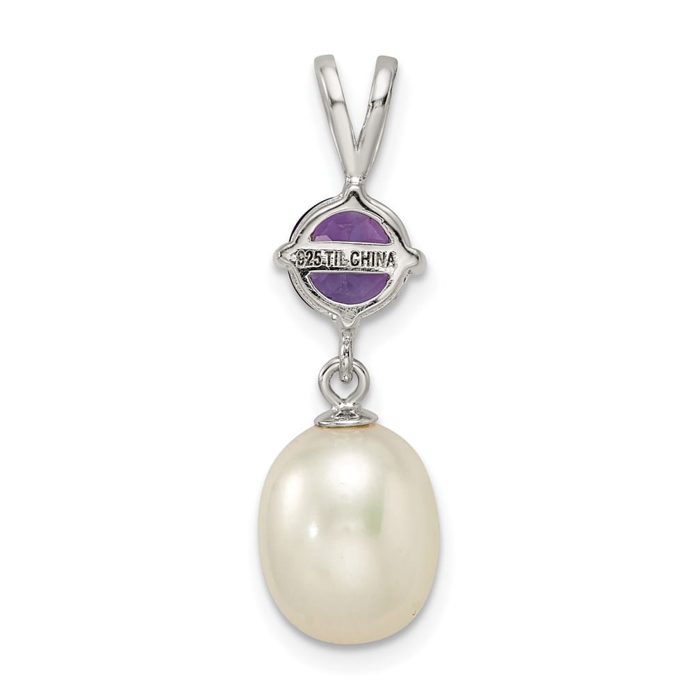 Sterling Silver 8-9mm Freshwater Pearl and Amethyst Teardrop Pendant