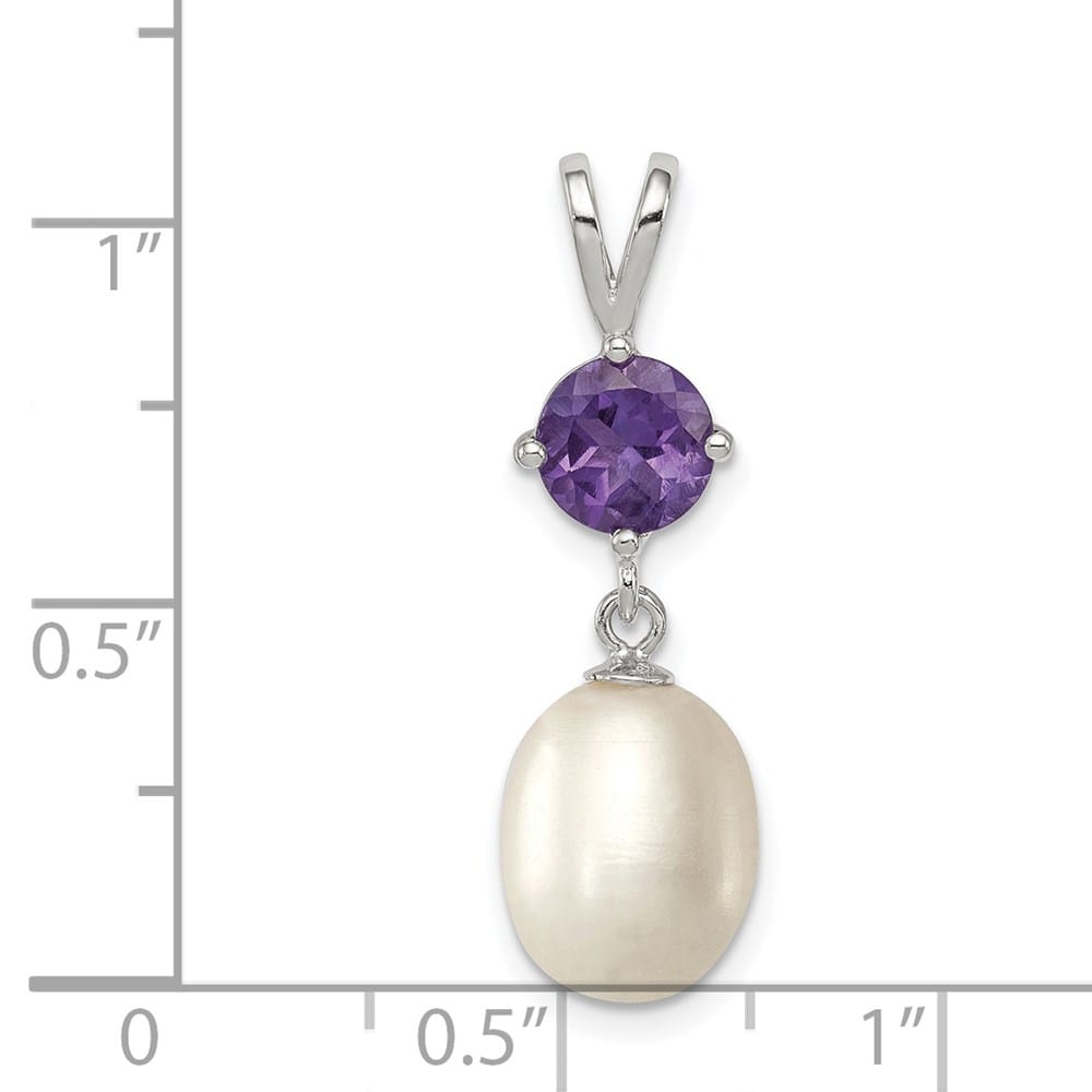 Sterling Silver 8-9mm Freshwater Pearl and Amethyst Teardrop Pendant
