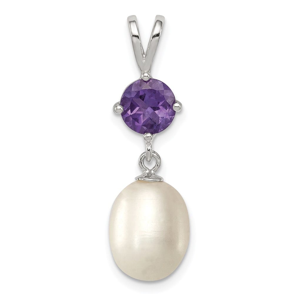 Sterling Silver 8-9mm Freshwater Pearl and Amethyst Teardrop Pendant