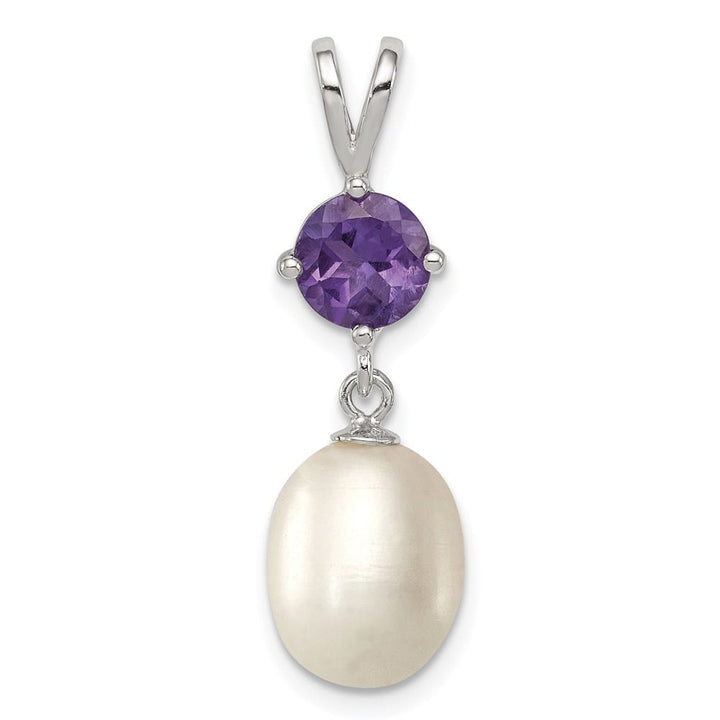 Sterling Silver 8-9mm Freshwater Pearl and Amethyst Teardrop Pendant