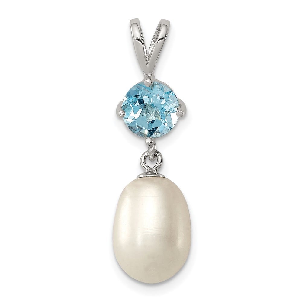 Sterling Silver 8-9mm Freshwater Pearl and Blue Topaz Teardrop Pendant