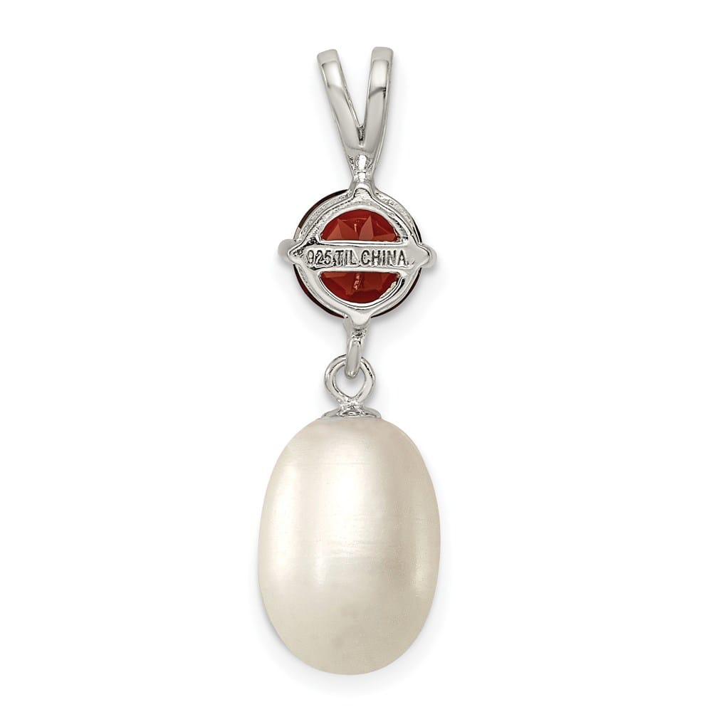 Sterling Silver 8-9mm Freshwater Pearl and Garnet Teardrop Pendant