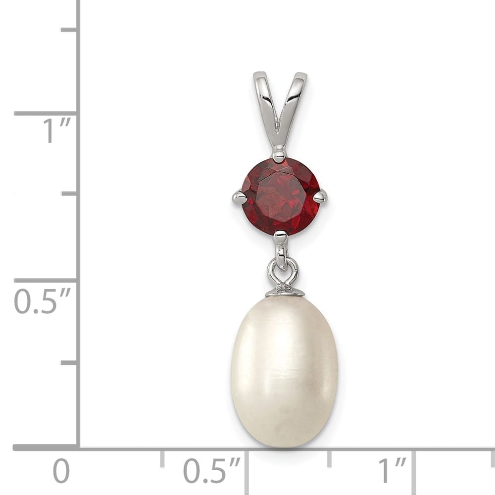 Sterling Silver 8-9mm Freshwater Pearl and Garnet Teardrop Pendant