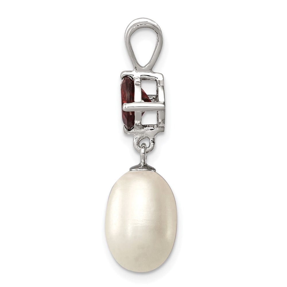 Sterling Silver 8-9mm Freshwater Pearl and Garnet Teardrop Pendant