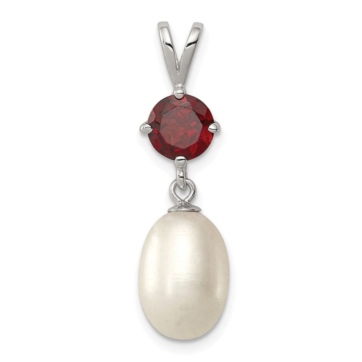 Sterling Silver 8-9mm Freshwater Pearl and Garnet Teardrop Pendant