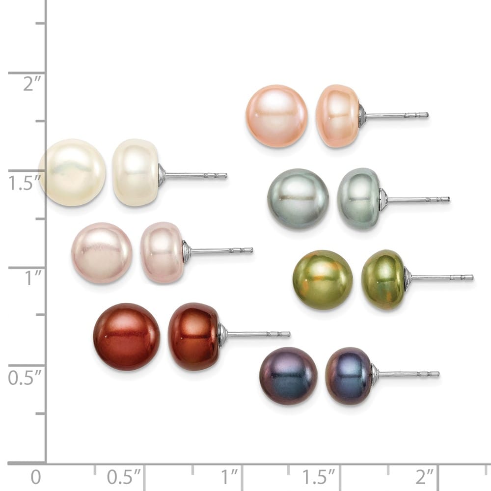 Sterling Silver 8-9mm Multi-color Button Pearl Set of 7 Post Earrings, view 3 of 7