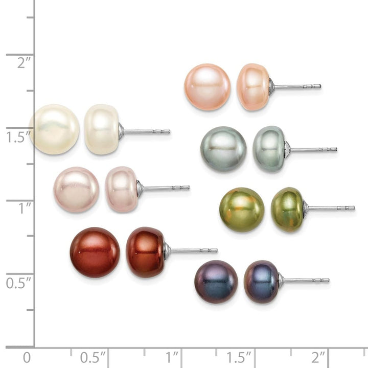 Sterling Silver 8-9mm Multi-color Button Pearl Set of 7 Post Earrings, view 3 of 7