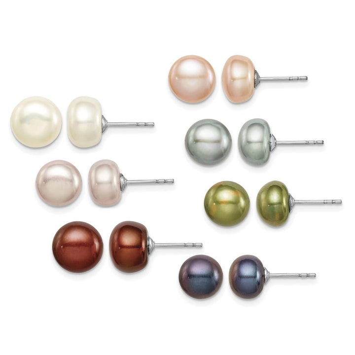 Sterling Silver 8-9mm Multi-color Button Pearl Set of 7 Post Earrings, view 1 of 7