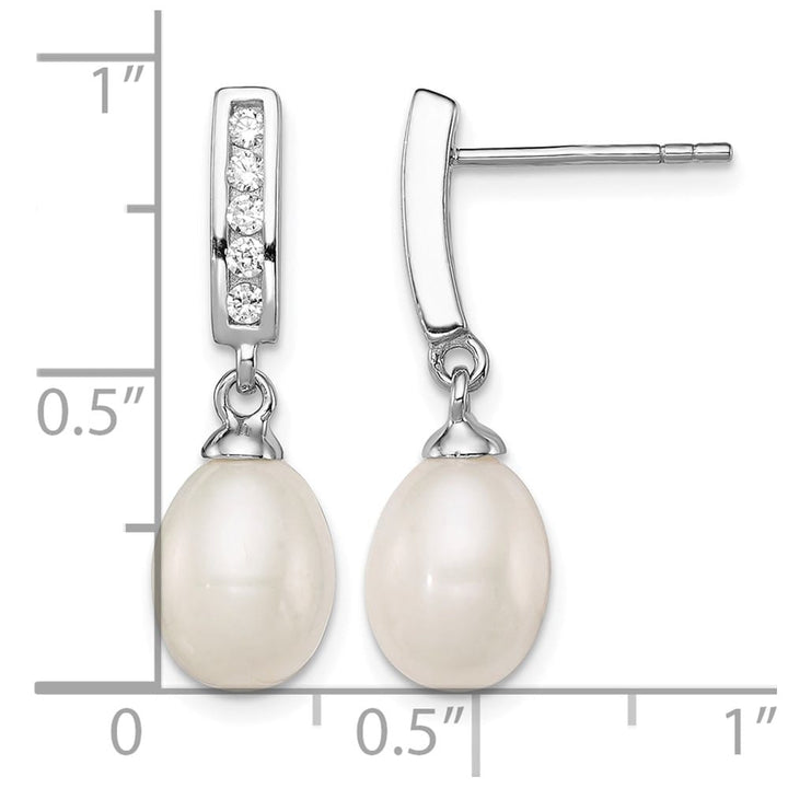 Sterling Silver 8-9mm Pearl and CZ Post Dangle 24 x 8 to 9 mm Earrings, view 4 of 4