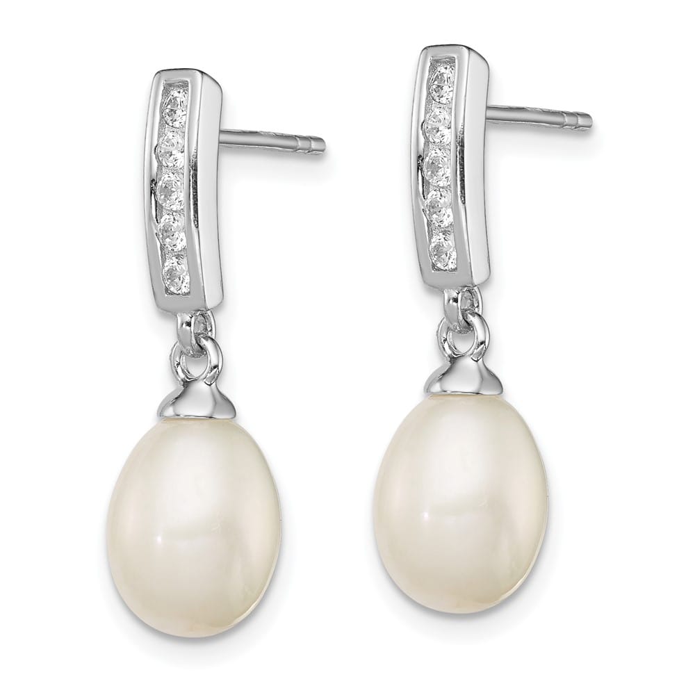 Sterling Silver 8-9mm Pearl and CZ Post Dangle 24 x 8 to 9 mm Earrings, view 2 of 4