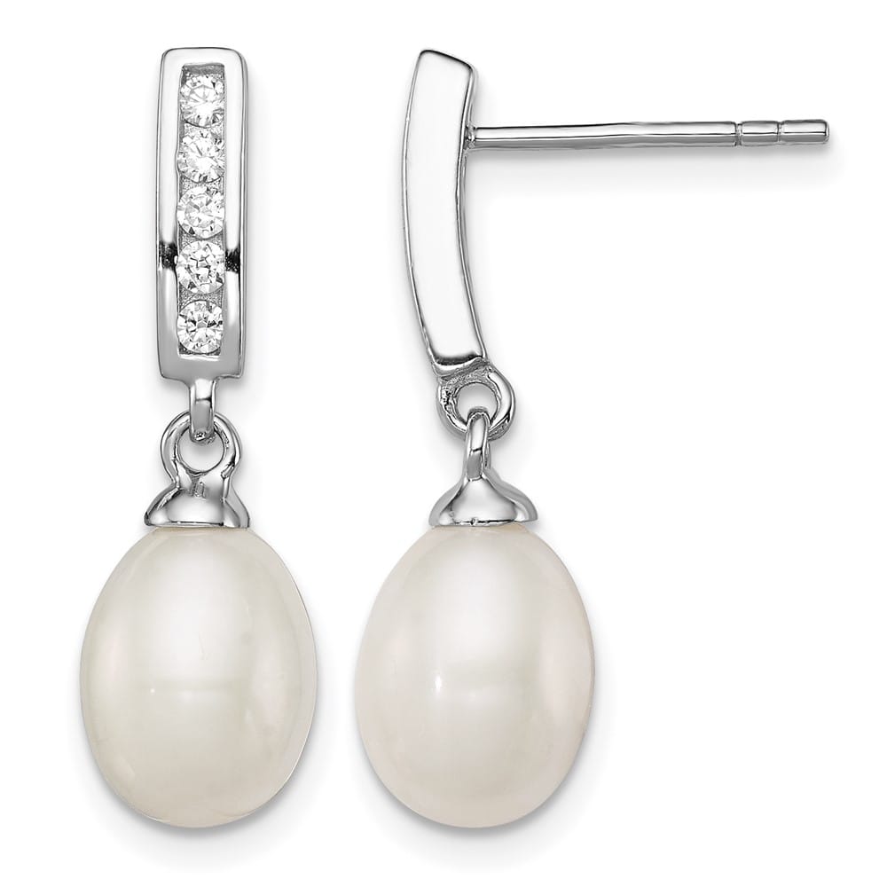 Sterling Silver 8-9mm Pearl and CZ Post Dangle 24 x 8 to 9 mm Earrings, view 1 of 4
