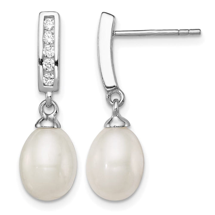 Sterling Silver 8-9mm Pearl and CZ Post Dangle 24 x 8 to 9 mm Earrings, view 1 of 4