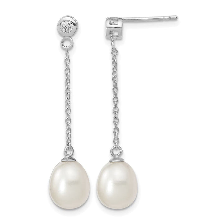 Sterling Silver 8-9mm Pearl and CZ Post Dangle 38 x 8 to 9 mm Earrings, view 1 of 4