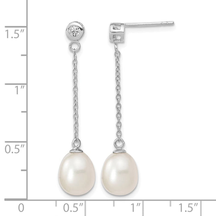 Sterling Silver 8-9mm Pearl and CZ Post Dangle 38 x 8 to 9 mm Earrings, view 4 of 4