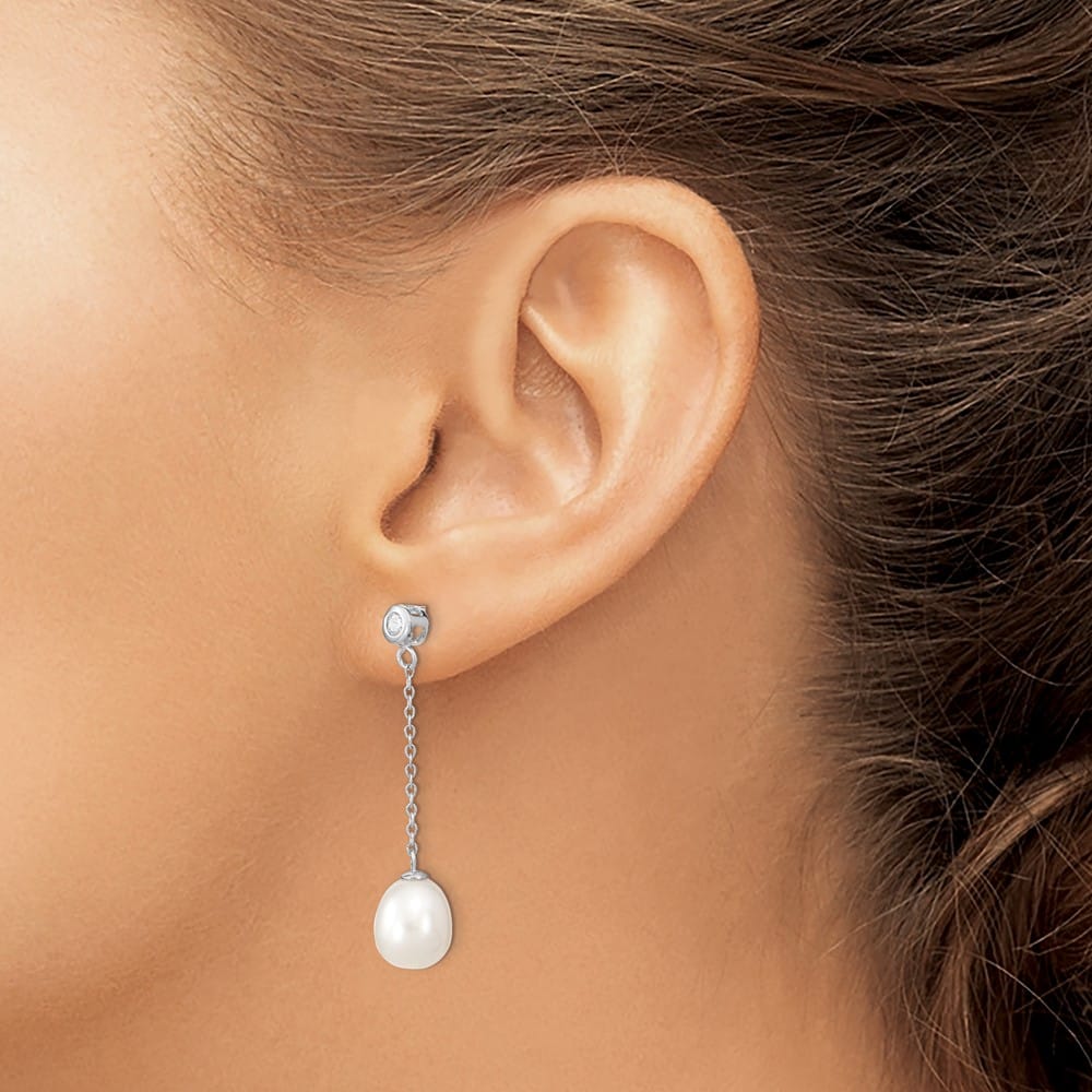 Sterling Silver 8-9mm Pearl and CZ Post Dangle 38 x 8 to 9 mm Earrings, view 3 of 4