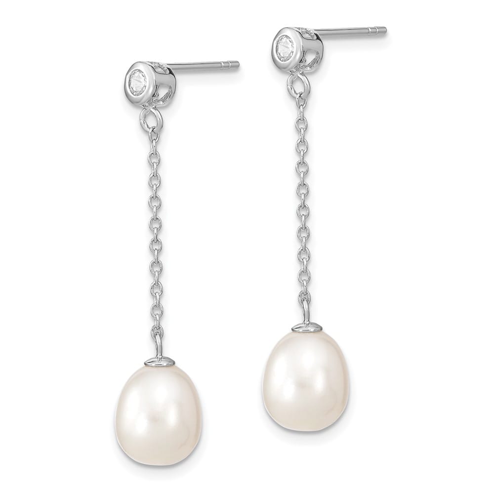 Sterling Silver 8-9mm Pearl and CZ Post Dangle 38 x 8 to 9 mm Earrings, view 2 of 4