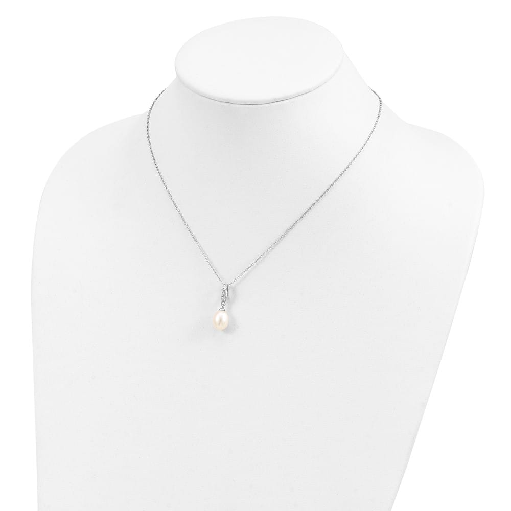 Sterling Silver 8-9mm Teardrop Cultured Pearl and CZ 17 inch Necklace
