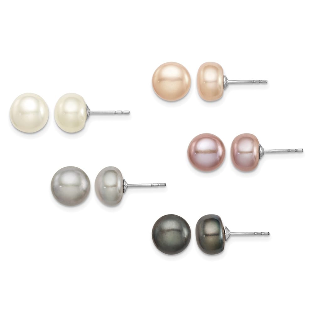 Sterling Silver 8-9mm White, Black Button Pearl Set of 5 Post Earrings, view 1 of 7