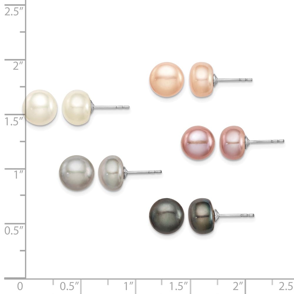 Sterling Silver 8-9mm White, Black Button Pearl Set of 5 Post Earrings, view 3 of 7