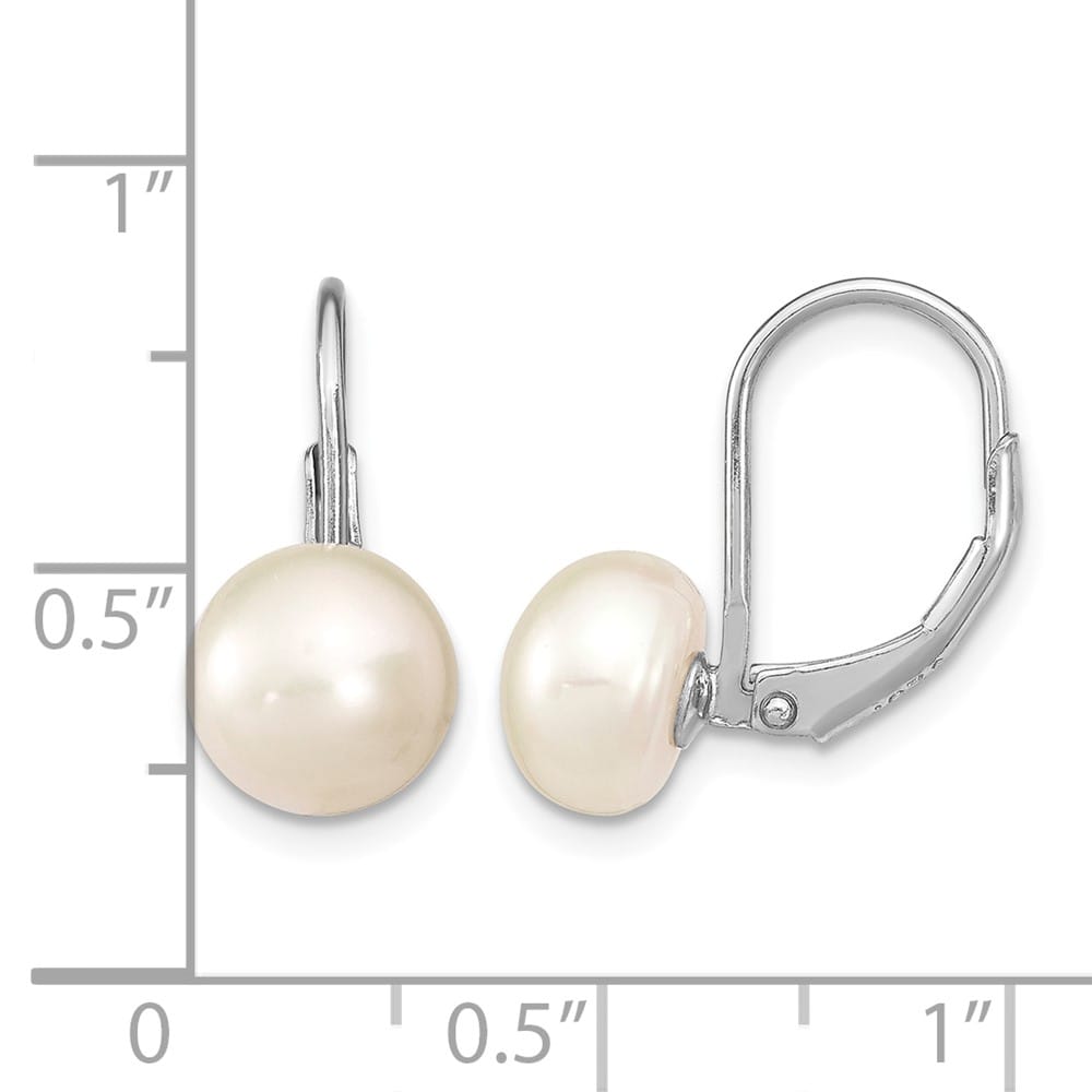 Sterling Silver 8-9mm White Button Freshwater Pearl Leverback Earrings, view 4 of 4