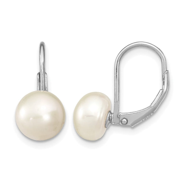 Sterling Silver 8-9mm White Button Freshwater Pearl Leverback Earrings, view 1 of 4