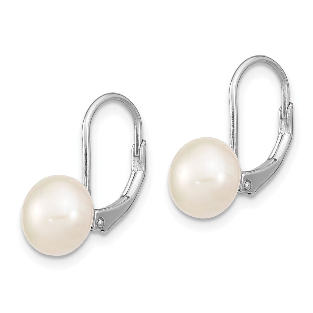 Sterling Silver 8-9mm White Button Freshwater Pearl Leverback Earrings, view 2 of 4