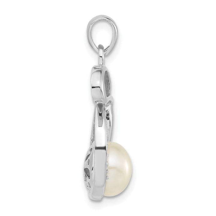 Sterling Silver 8-9mm White Cultured Pearl and CZ Rabbit Pendant
