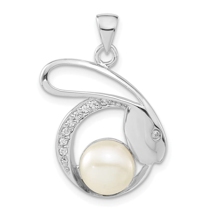 Sterling Silver 8-9mm White Cultured Pearl and CZ Rabbit Pendant