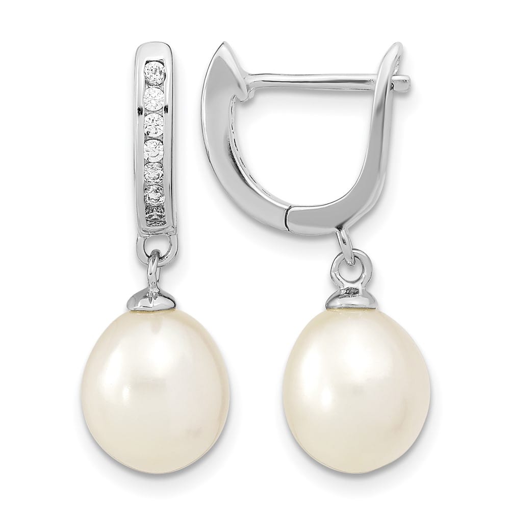 Sterling Silver 8-9mm White Rice Pearl and CZ Dangle Hoop Earrings, view 1 of 4