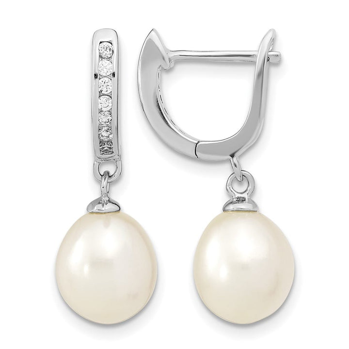 Sterling Silver 8-9mm White Rice Pearl and CZ Dangle Hoop Earrings, view 1 of 4