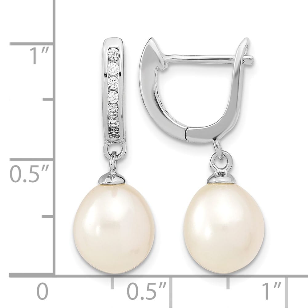 Sterling Silver 8-9mm White Rice Pearl and CZ Dangle Hoop Earrings, view 4 of 4
