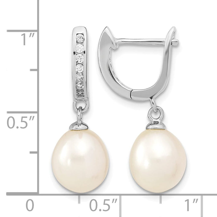 Sterling Silver 8-9mm White Rice Pearl and CZ Dangle Hoop Earrings, view 4 of 4