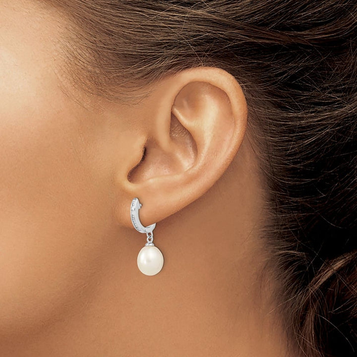 Sterling Silver 8-9mm White Rice Pearl and CZ Dangle Hoop Earrings, view 3 of 4