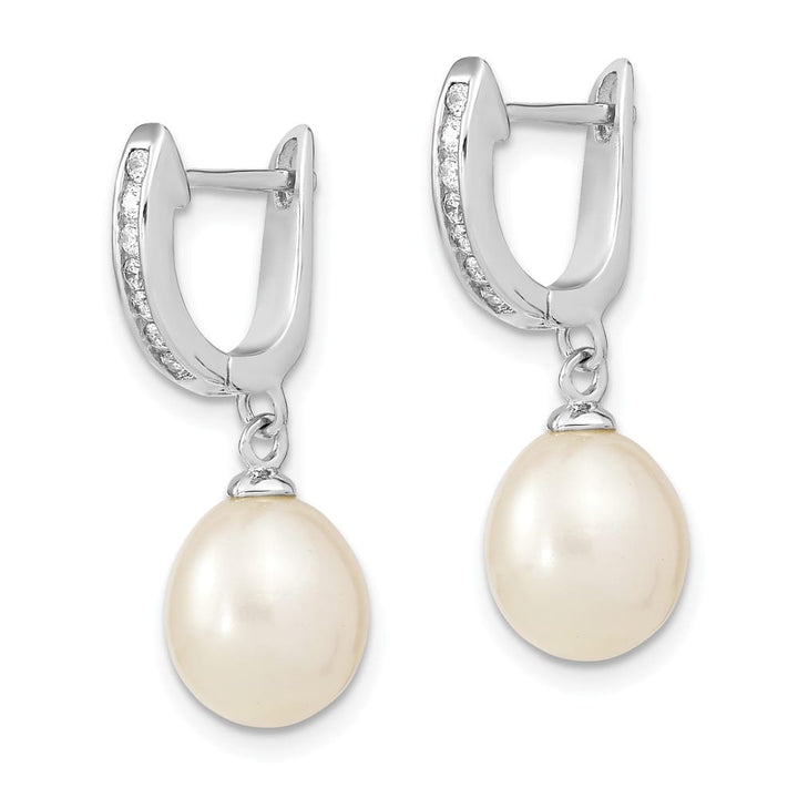 Sterling Silver 8-9mm White Rice Pearl and CZ Dangle Hoop Earrings, view 2 of 4
